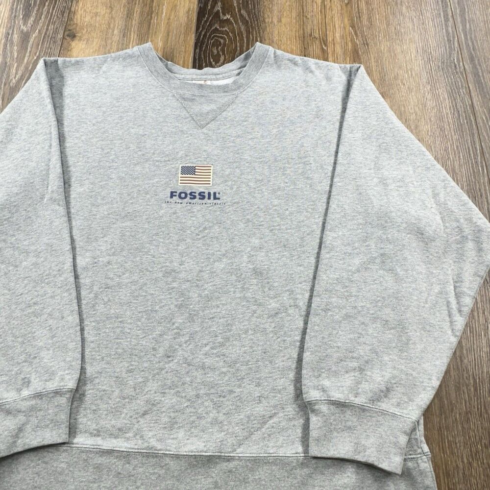 Vintage Fossil Sweatshirt Mens L Gray Watch USA Flag 90s Crewneck Sweatshirt